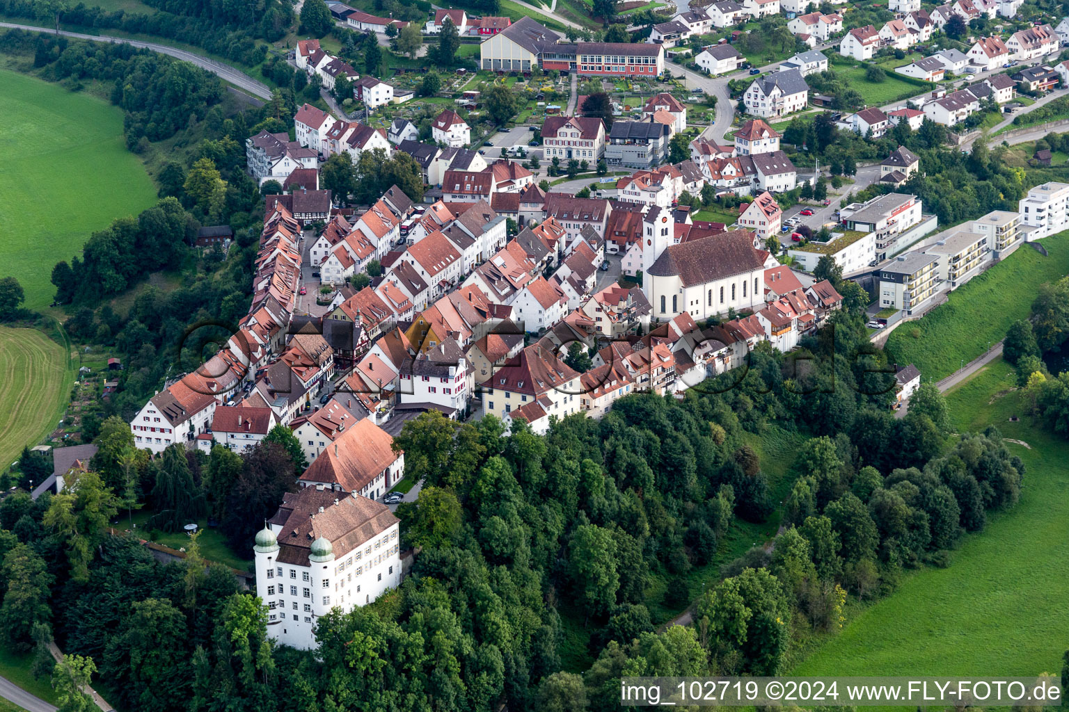 Aerial view of Palace in Muehlheim an der Donau in the state Baden-Wurttemberg, Germany