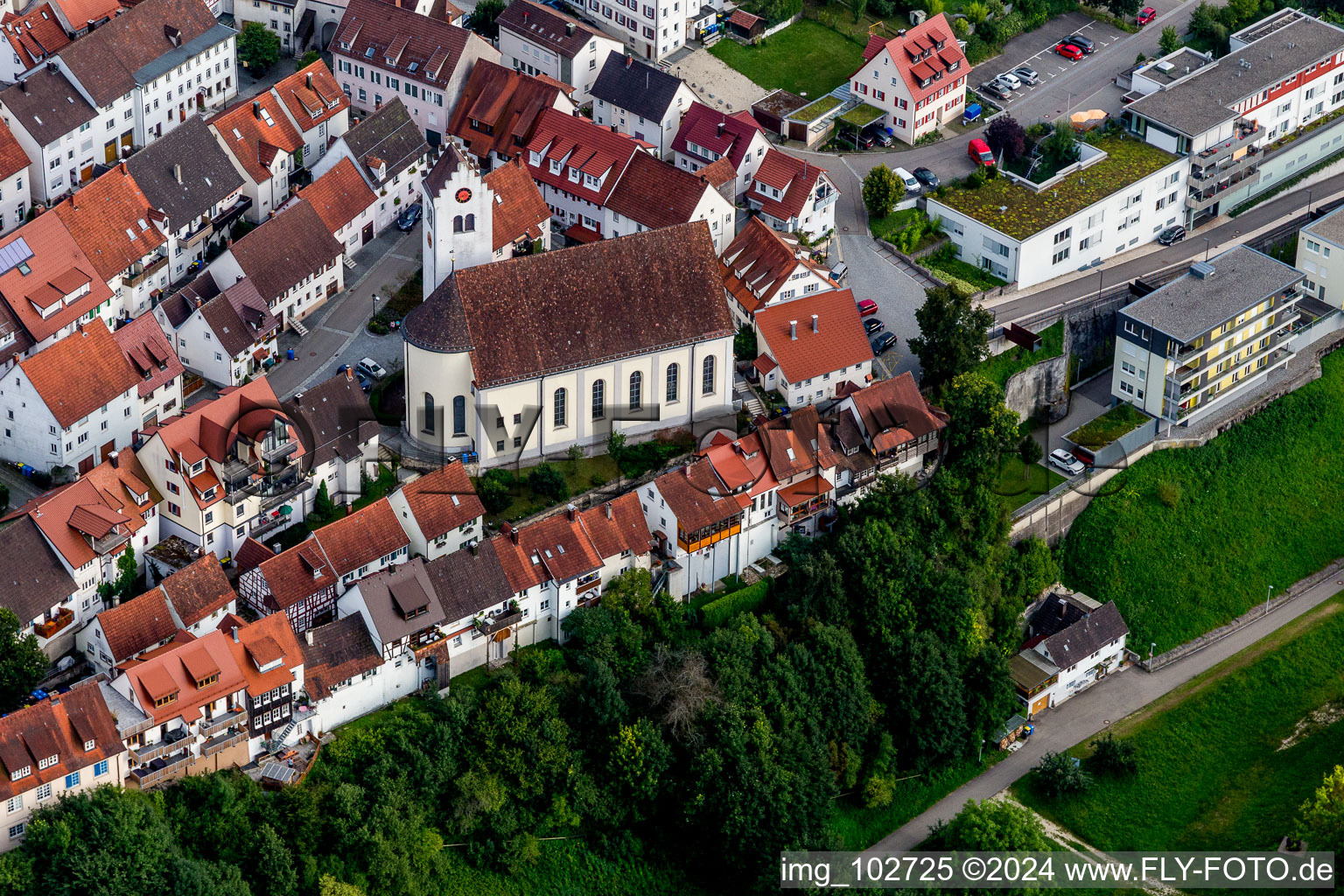 Church building in Old Town- center of downtown in Muehlheim an der Donau in the state Baden-Wurttemberg, Germany