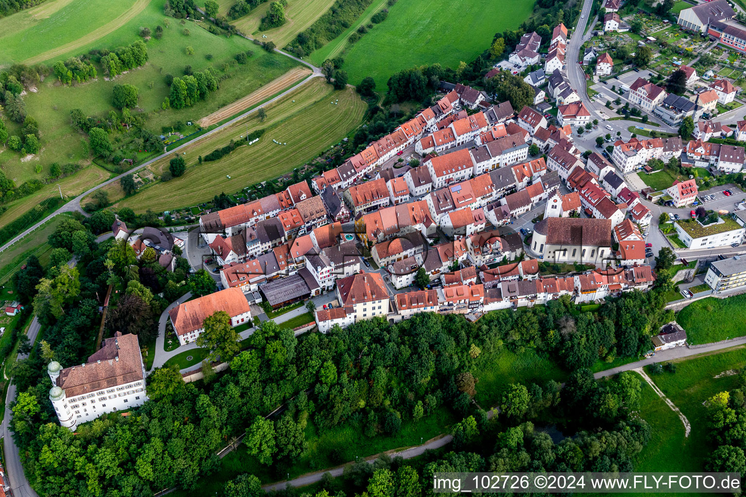 Aerial view of Church building in Old Town- center of downtown in Muehlheim an der Donau in the state Baden-Wurttemberg, Germany