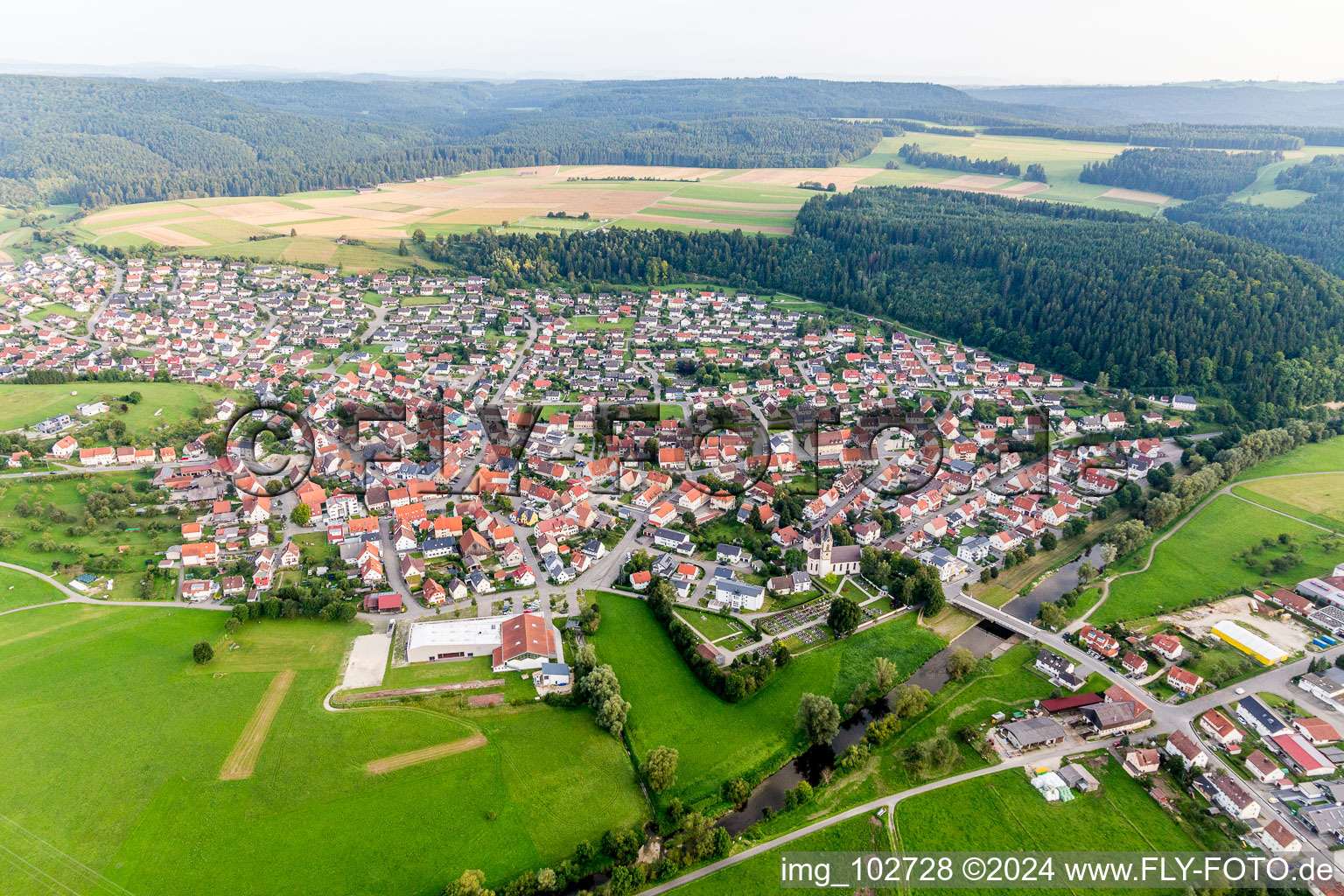 Aerial view of Town View of the streets and houses of the residential areas in the district Nendingen in Tuttlingen in the state Baden-Wurttemberg, Germany