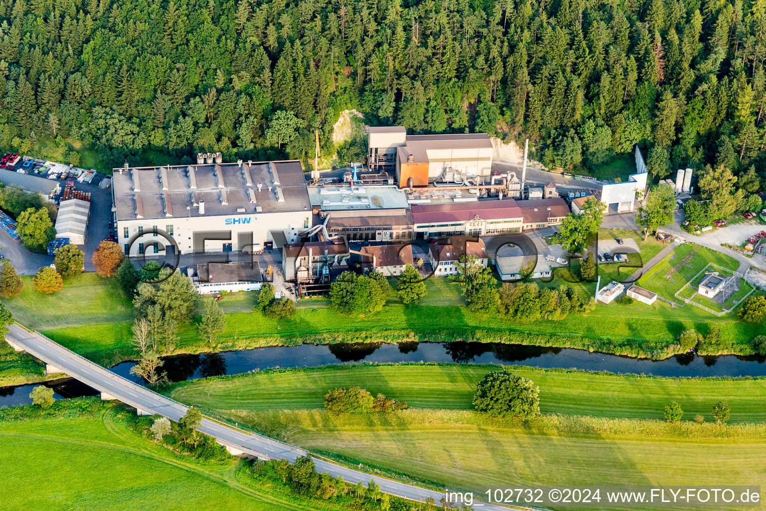 Aerial view of Building and production halls on the premises of SHW Automotive GmbH an der Donau in Tuttlingen in the state Baden-Wurttemberg, Germany