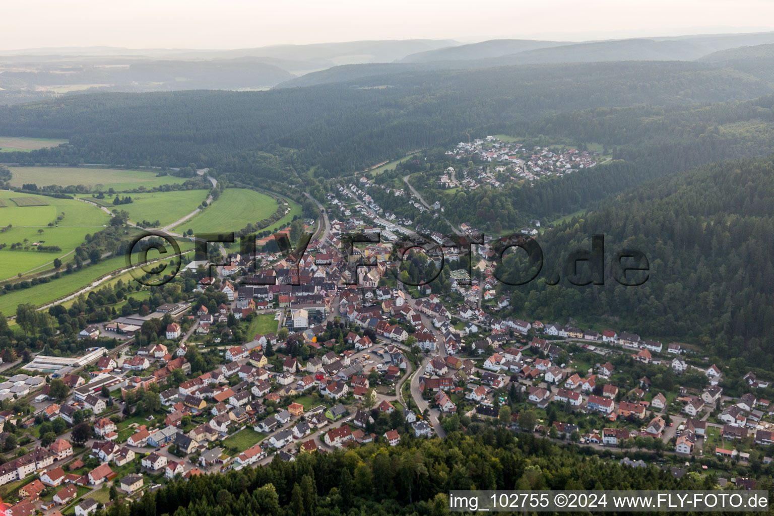 Aerial view of Town View of the streets and houses of the residential areas in the district Moehringen in Tuttlingen in the state Baden-Wurttemberg, Germany