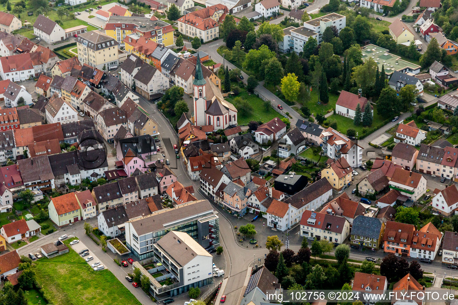 Church building in the village of Möhringen in the state Baden-Wurttemberg, Germany