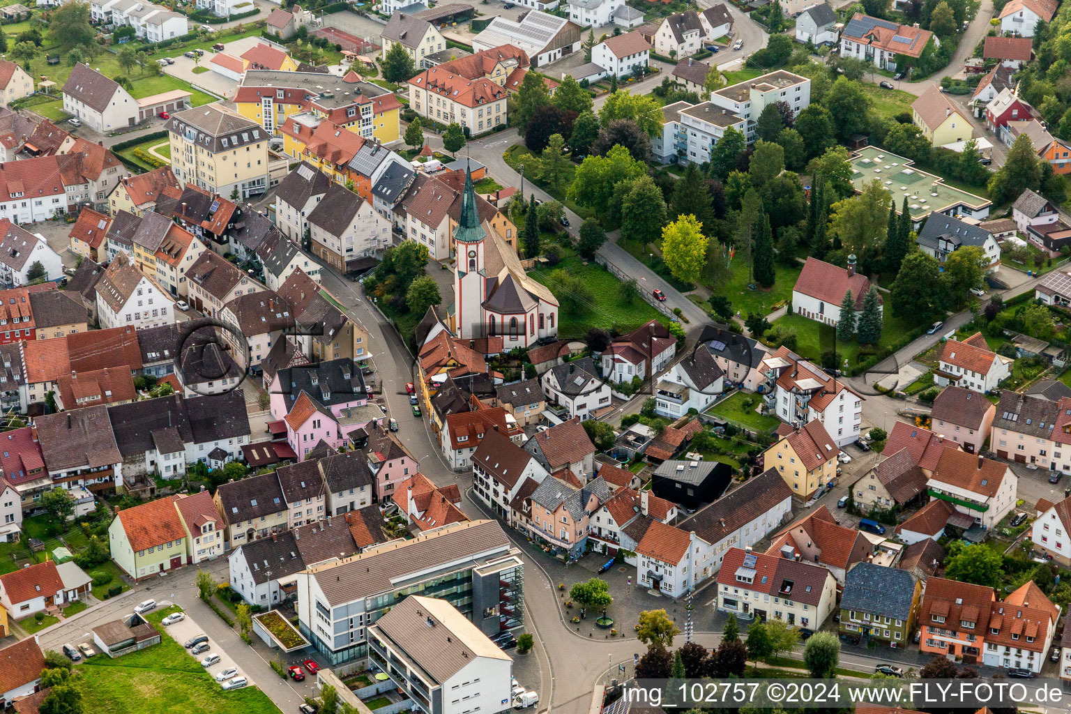 Aerial view of Church building in the village of Möhringen in the state Baden-Wurttemberg, Germany