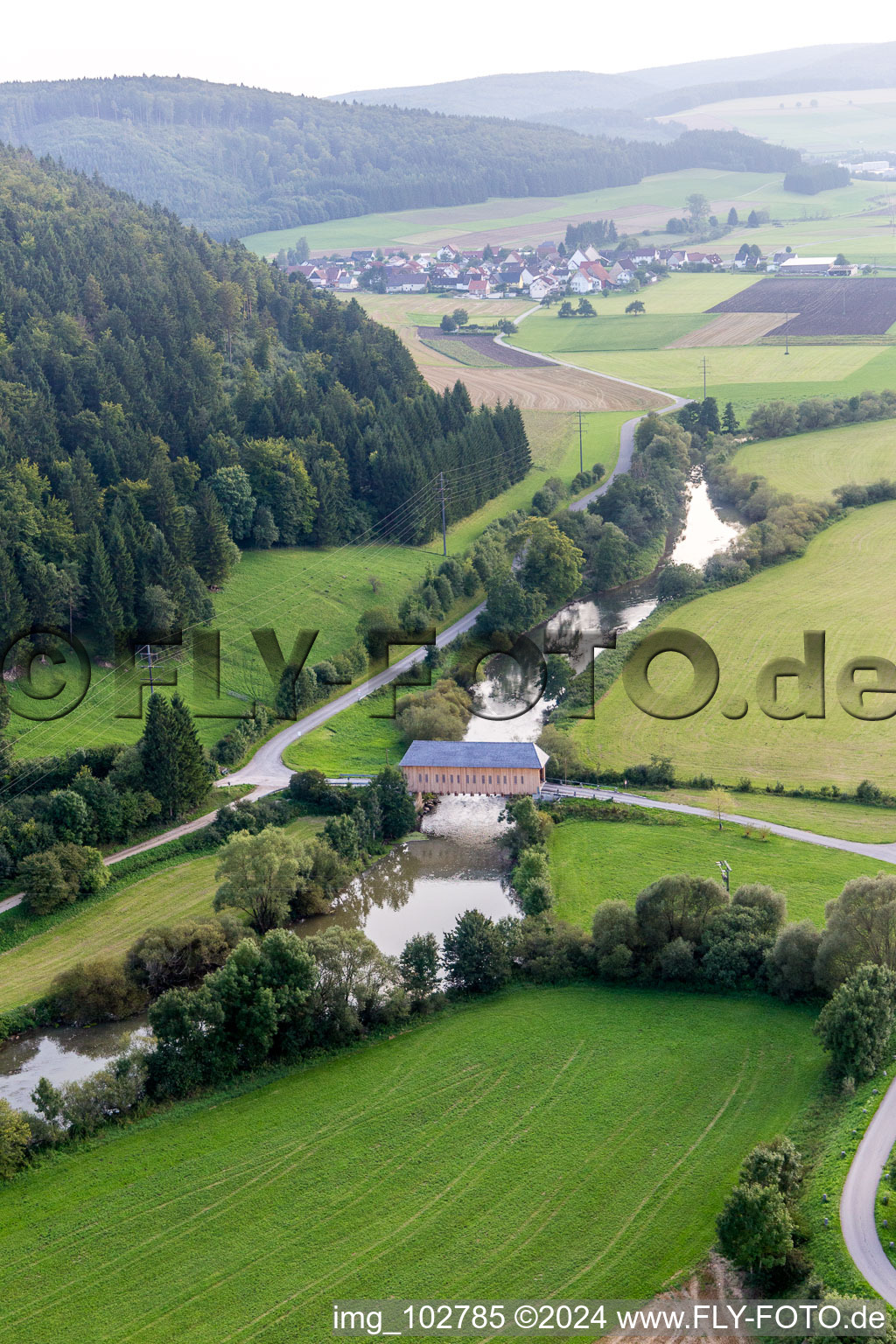 Historic covered bridge crossing the Danube in Zimmern in the state Baden-Wurttemberg, Germany