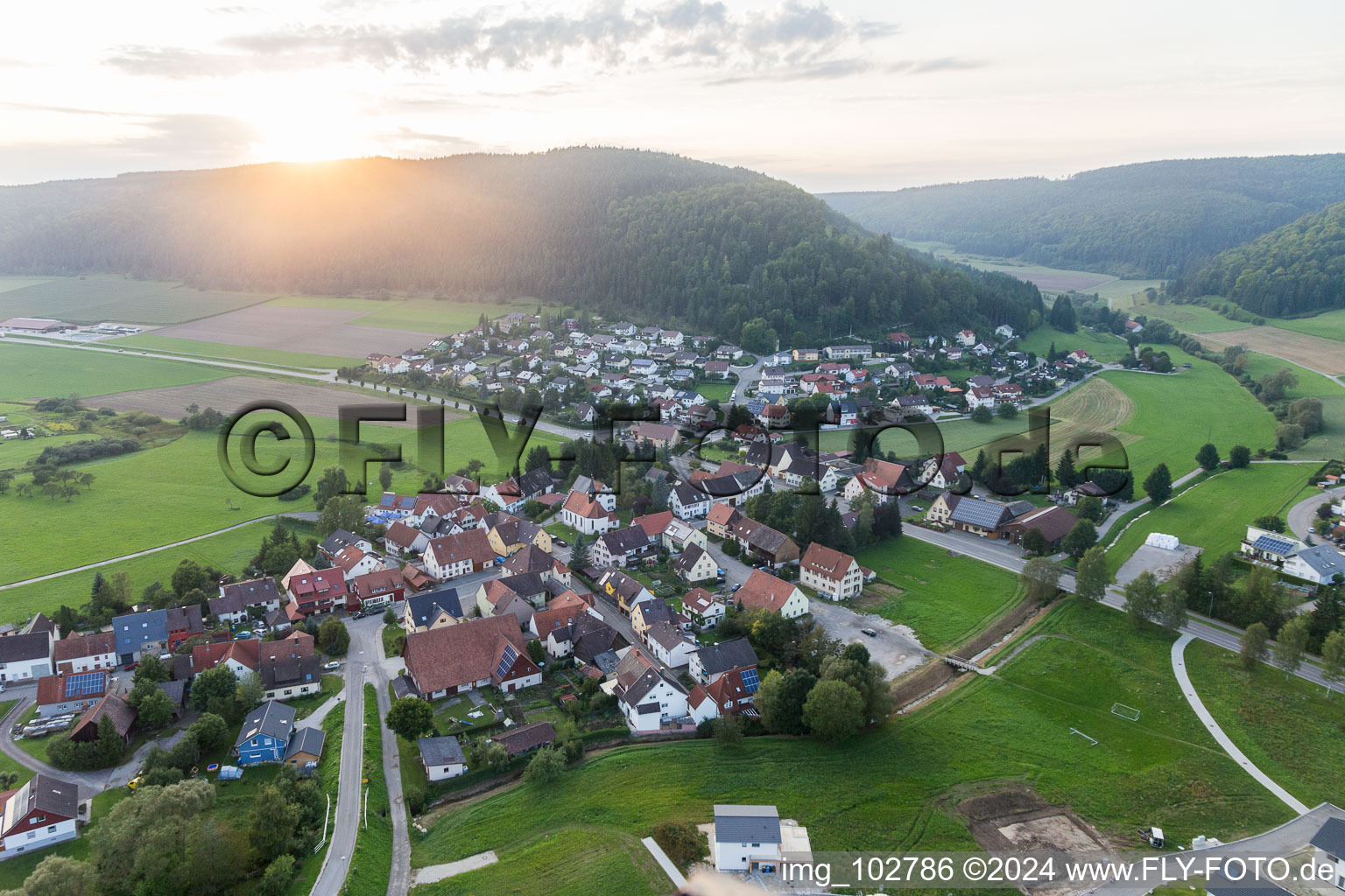 Village - view on the edge of agricultural fields and farmland in Zimmern in the state Baden-Wurttemberg, Germany