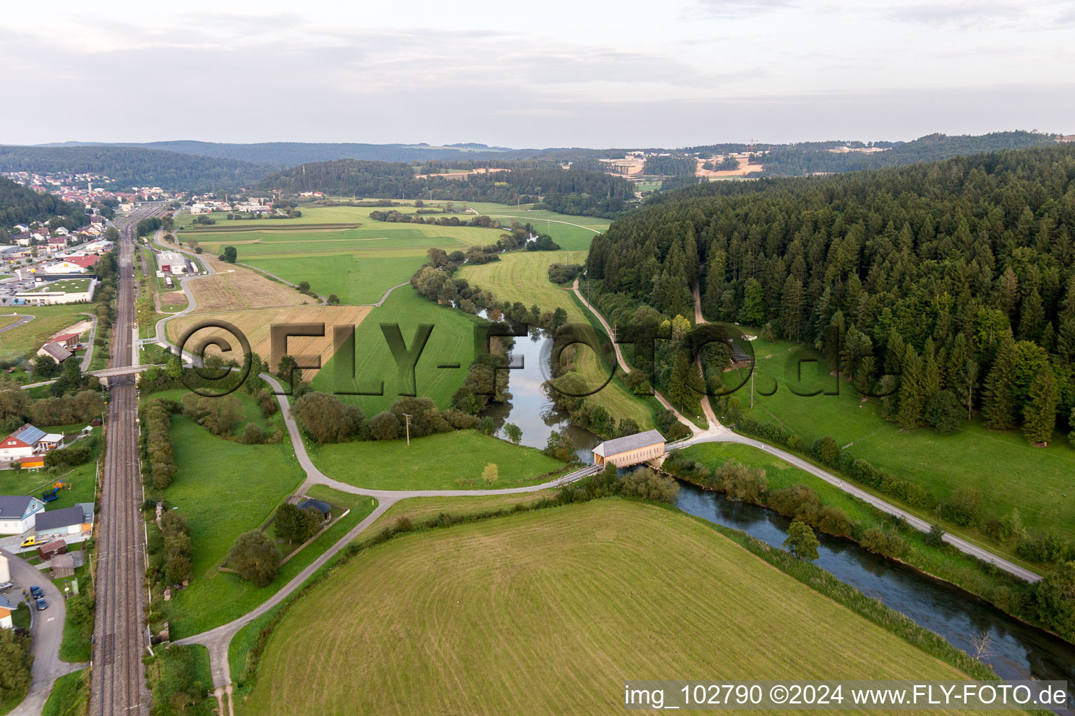 Aerial view of Historic covered bridge crossing the Danube in Zimmern in the state Baden-Wurttemberg, Germany