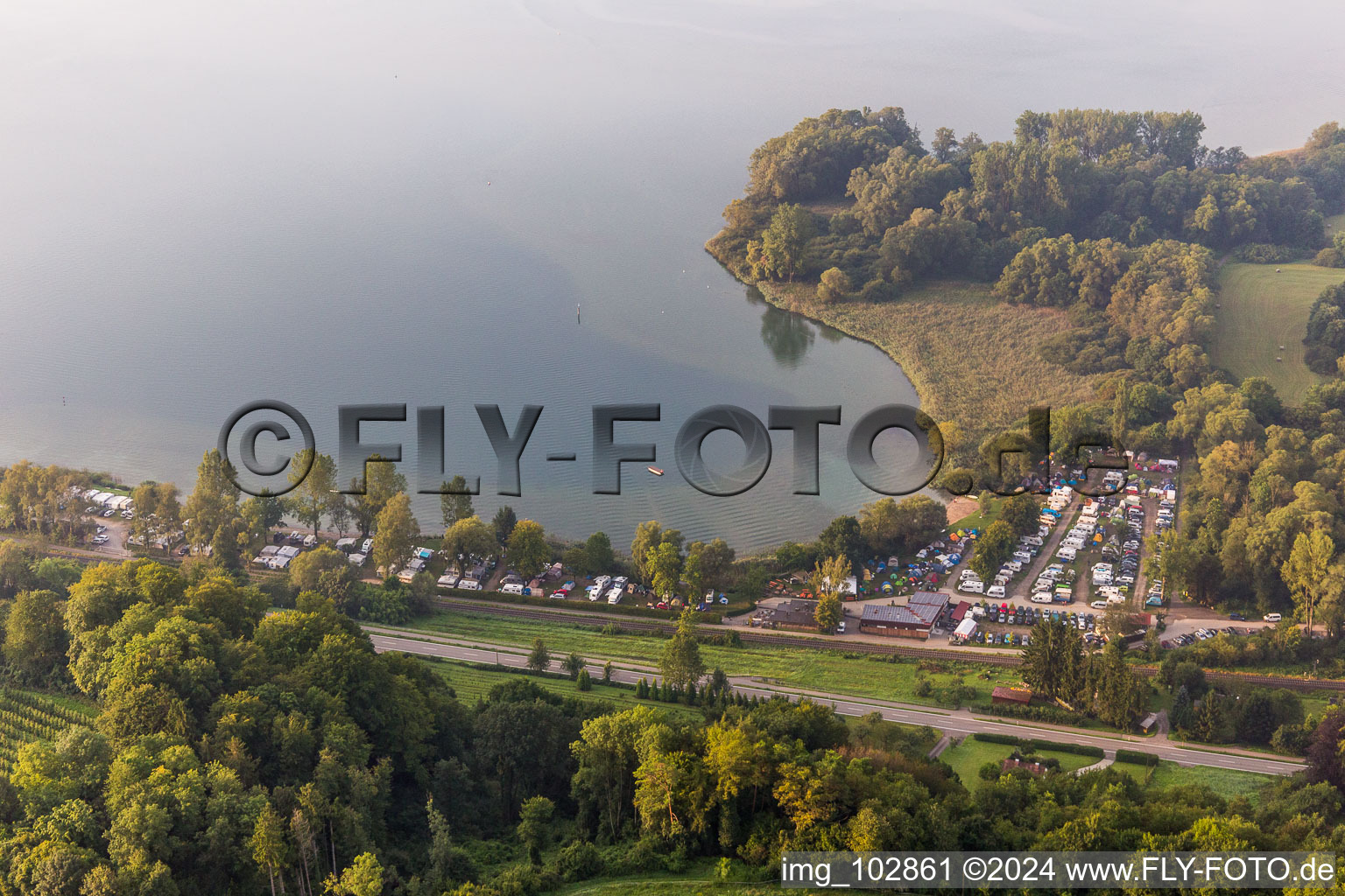 Aerial view of Schachenhorn campsite in the district Ludwigshafen in Bodman-Ludwigshafen in the state Baden-Wuerttemberg, Germany