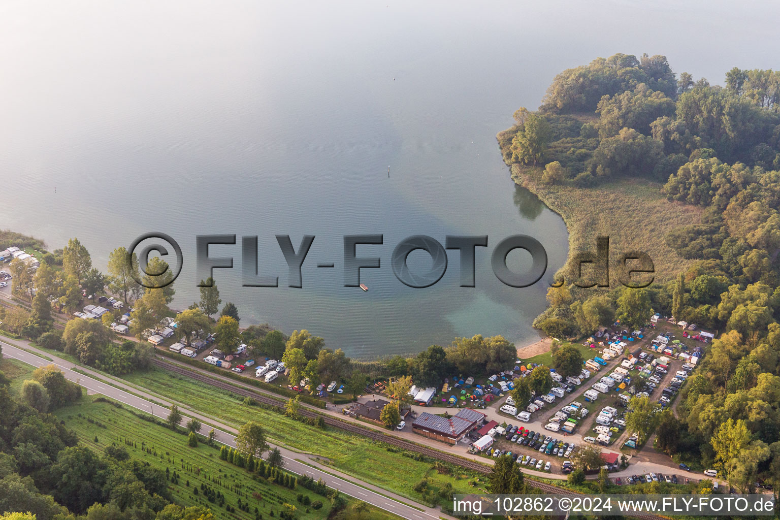 Aerial photograpy of Schachenhorn campsite in the district Ludwigshafen in Bodman-Ludwigshafen in the state Baden-Wuerttemberg, Germany