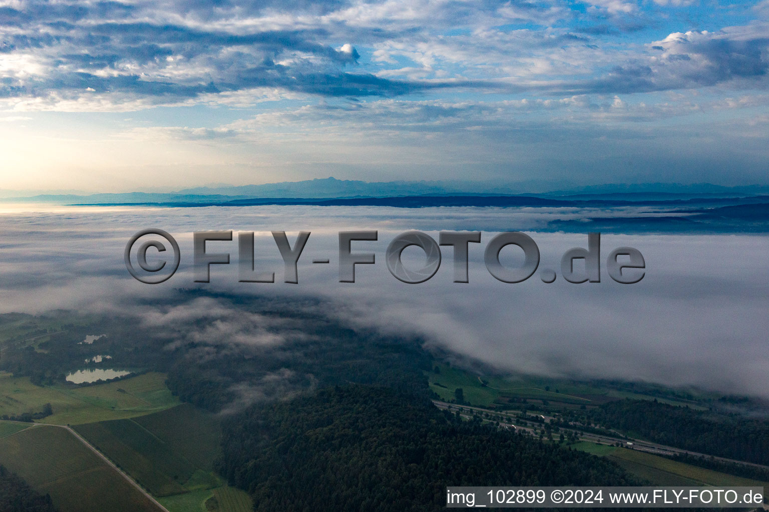 Fog over the Brandbühl rest area on the B33 to Lake Constance in the district Güttingen in Radolfzell am Bodensee in the state Baden-Wuerttemberg, Germany