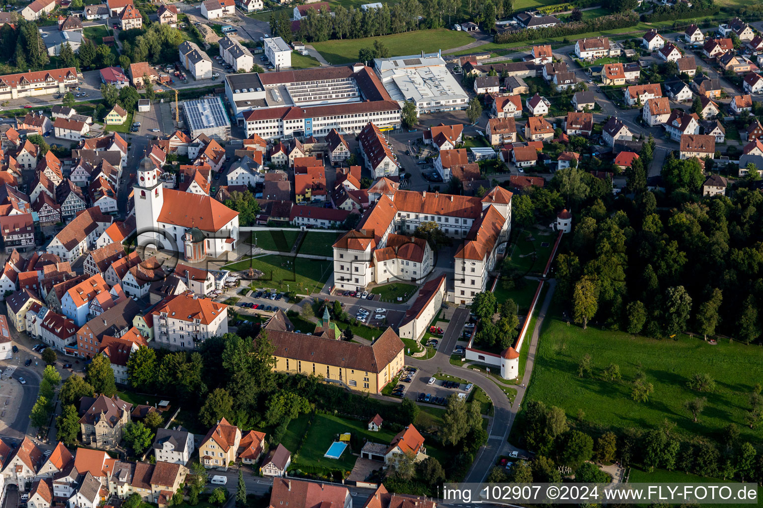 Aerial photograpy of Building complex in the park of the castle Schloss Messkirch in Messkirch in the state Baden-Wurttemberg, Germany