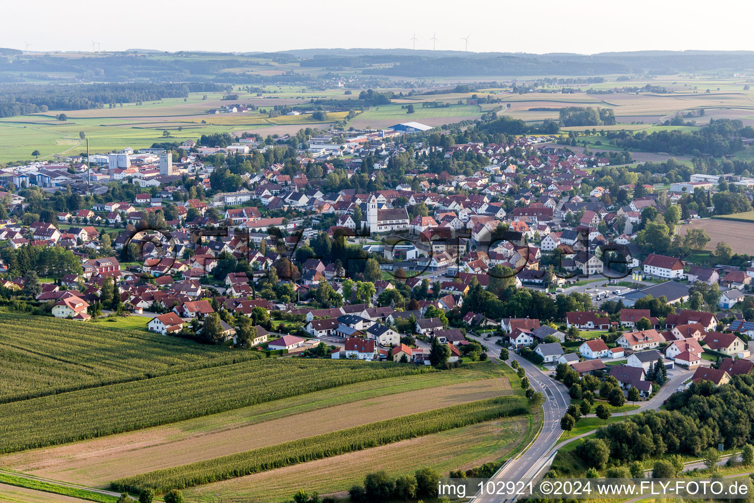 Town View of the streets and houses of the residential areas in Ostrach in the state Baden-Wurttemberg, Germany