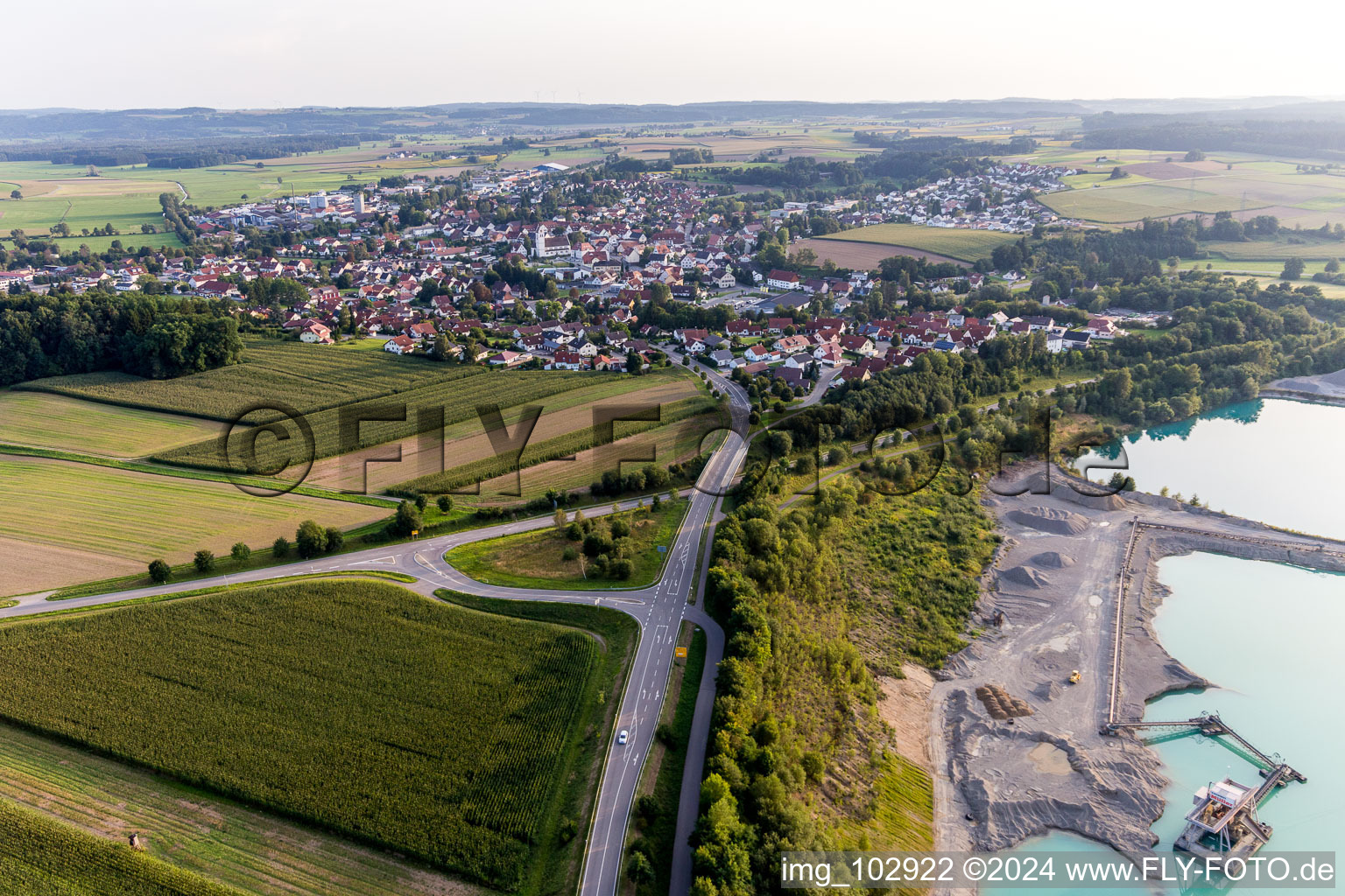 Village on the lake bank areas of Kiesgrube in Ostrach in the state Baden-Wurttemberg, Germany