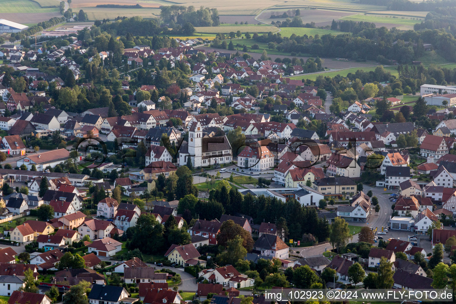 Aerial view of Ostrach in the state Baden-Wuerttemberg, Germany