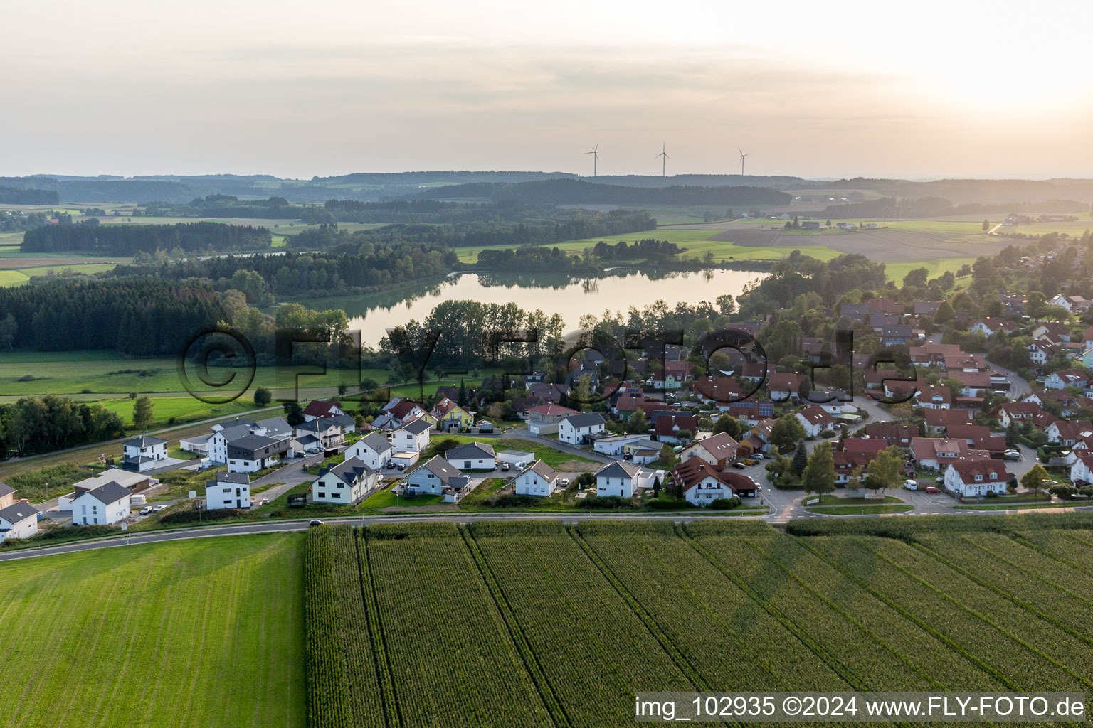 Village on the lake bank areas of Lake fo Ruschweiler and Volz in Ruschweiler in the state Baden-Wurttemberg, Germany