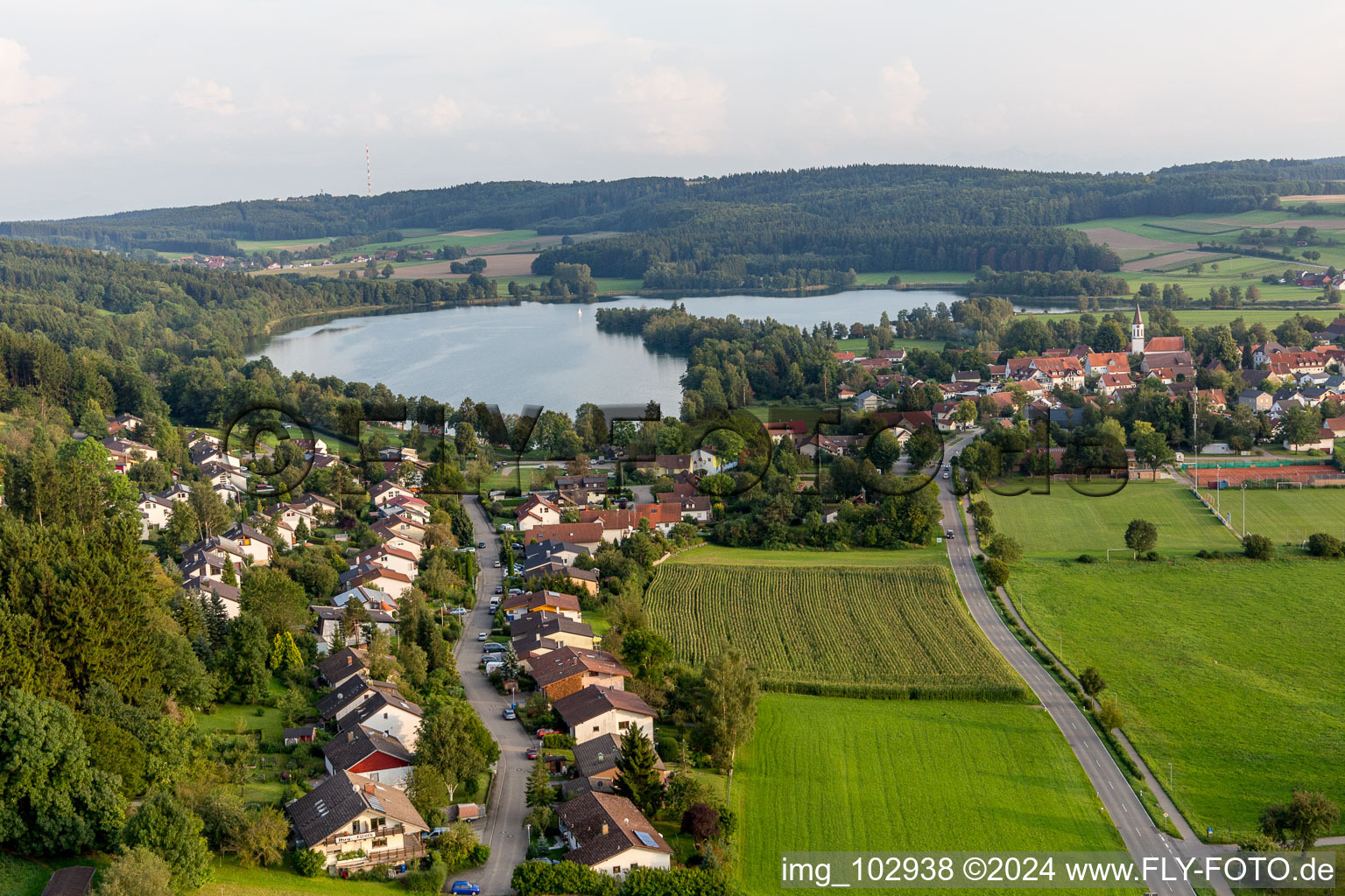 Aerial view of Village on the lake bank areas of Lake fo Ruschweiler and Volz in Ruschweiler in the state Baden-Wurttemberg, Germany