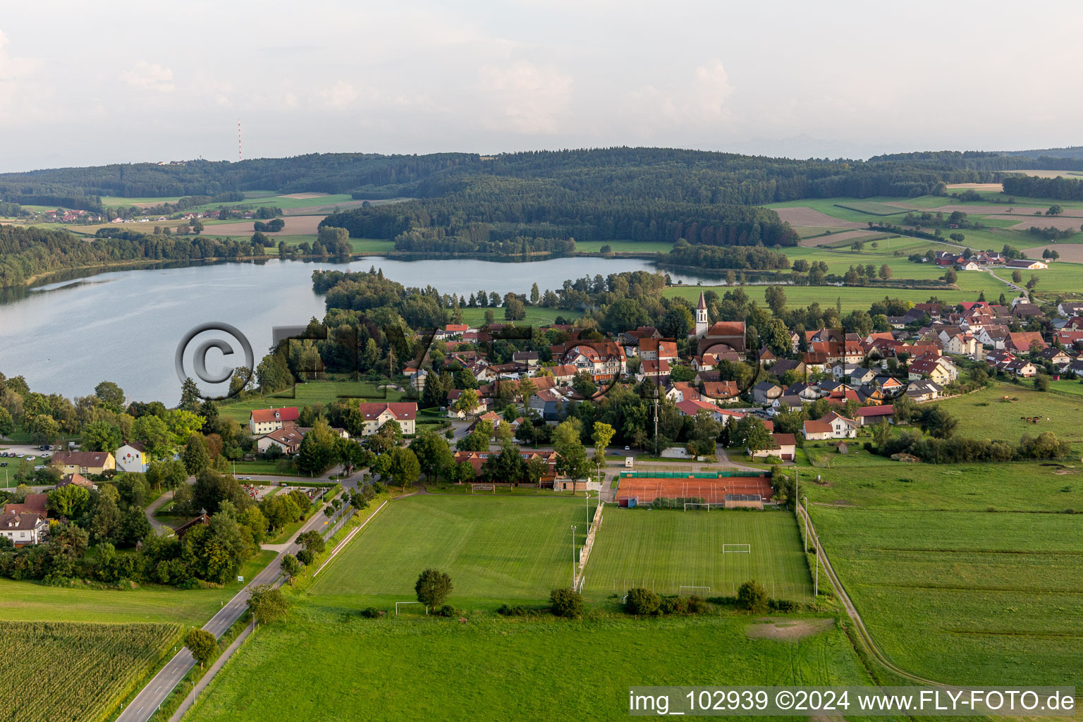 Aerial photograpy of Village on the lake bank areas of Lake fo Ruschweiler and Volz in Ruschweiler in the state Baden-Wurttemberg, Germany