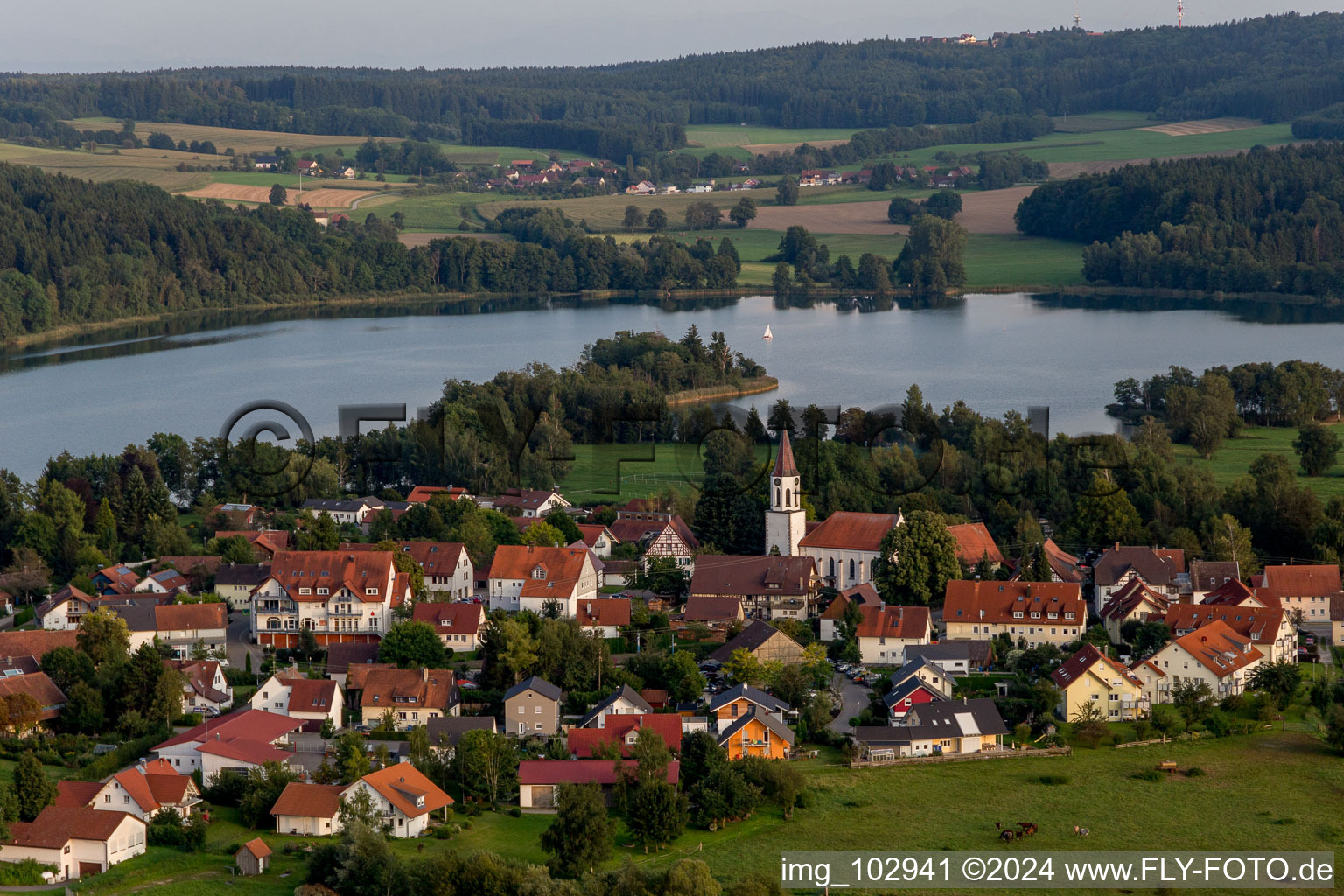 Oblique view of Illmensee in the state Baden-Wuerttemberg, Germany