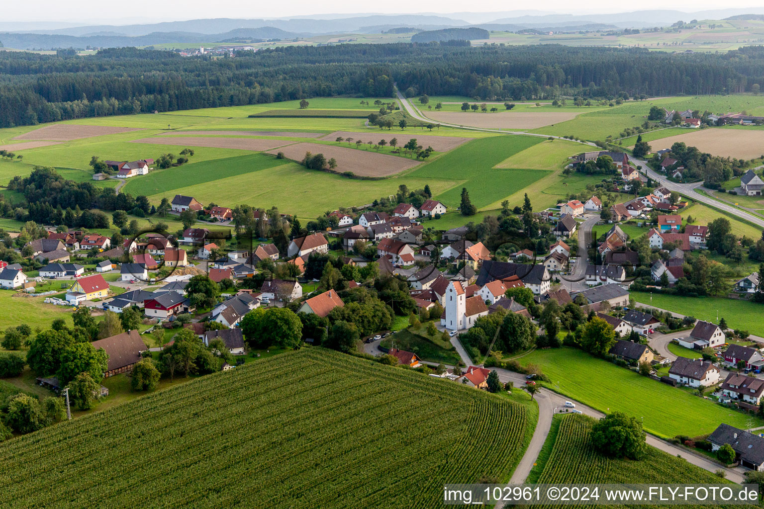 Village - view on the edge of agricultural fields and farmland in Sentenhart in the state Baden-Wurttemberg, Germany