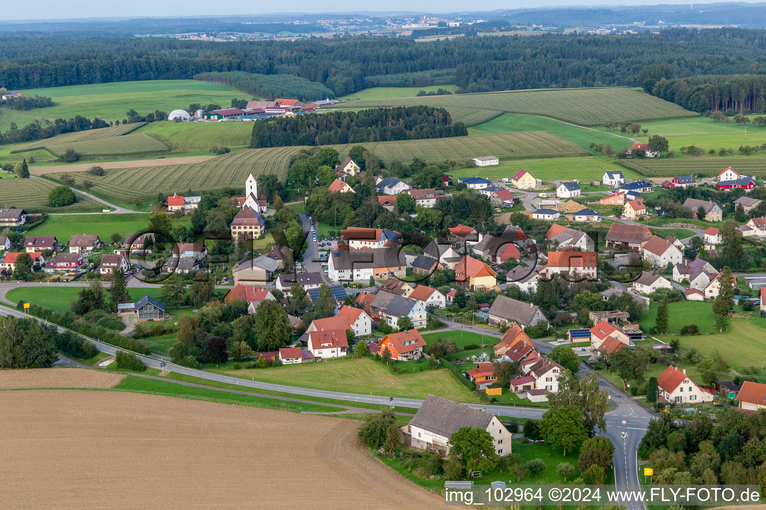 Aerial photograpy of Village - view on the edge of agricultural fields and farmland in Sentenhart in the state Baden-Wurttemberg, Germany