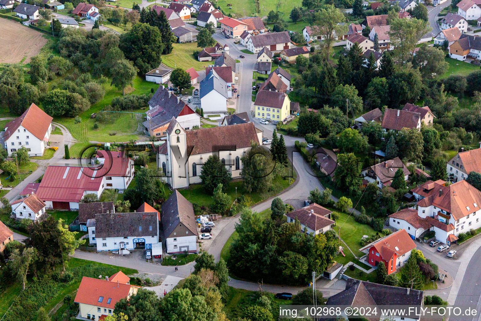 Aerial view of Church building in the village of in the district Mindersdorf in Hohenfels in the state Baden-Wurttemberg, Germany