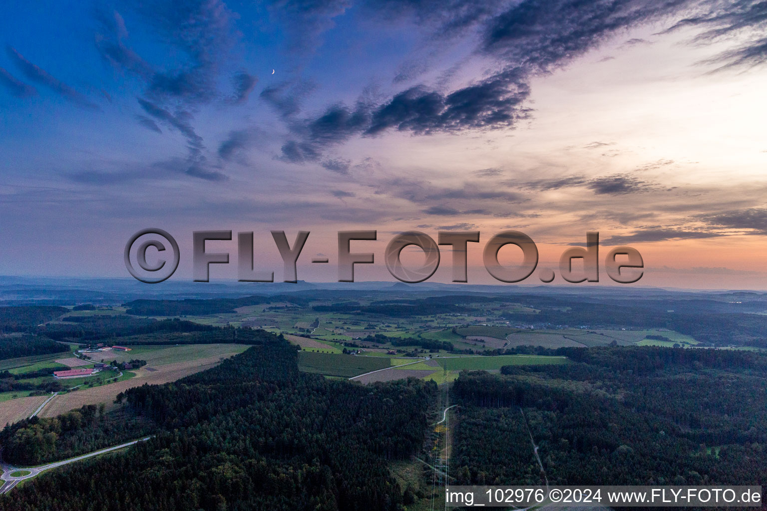 Aerial view of Volcanoes landscape of Hegau during sunset in Engen in the state Baden-Wurttemberg, Germany