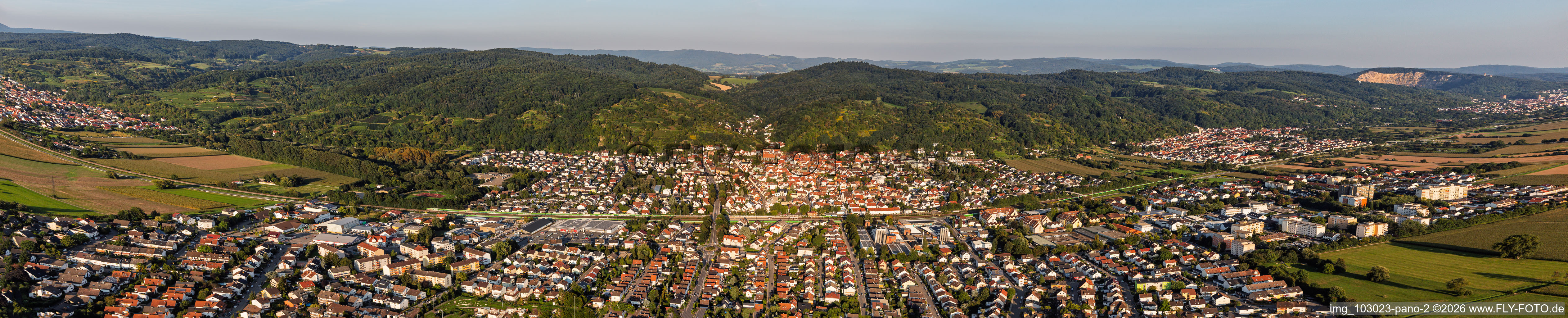 City panorama on the edge of the Odenwald forest from the west in Hemsbach in the state Baden-Wuerttemberg, Germany
