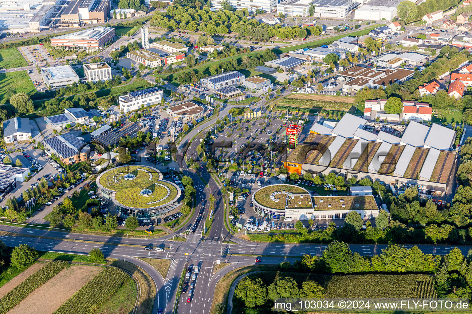 Eight-shaped car dealership building Autohaus Ebert GmbH & Co. KG and Auto Knapp GmbH in Weinheim in the state Baden-Wurttemberg, Germany