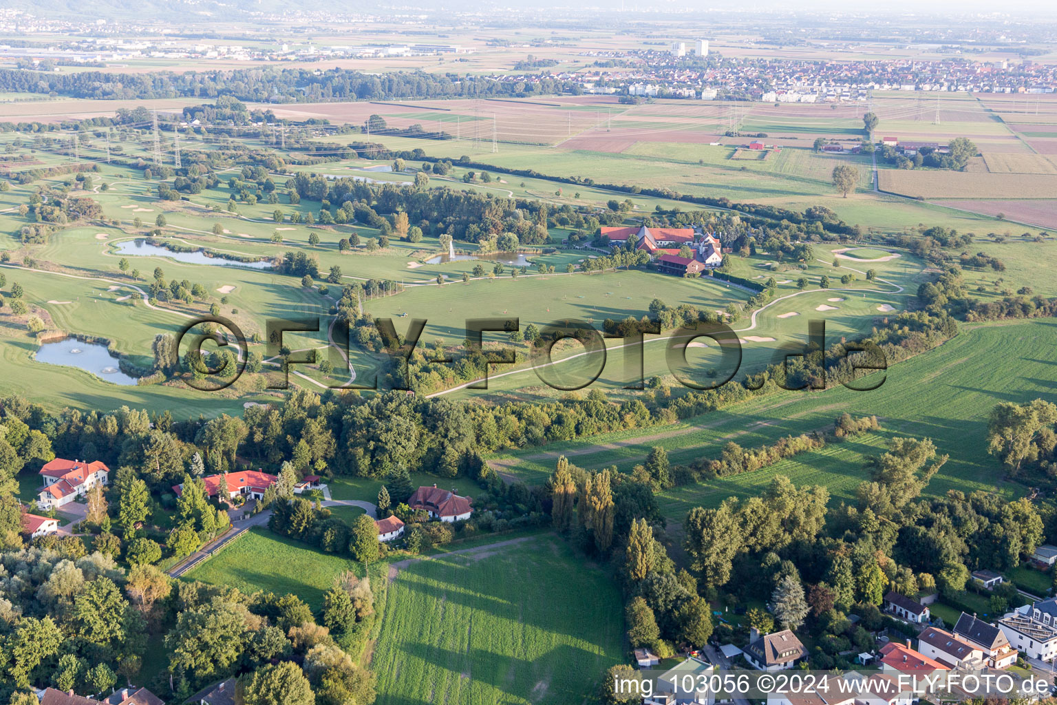 Oblique view of Golf course Heddesheim Gut Neuzenhof in Heddesheim in the state Baden-Wuerttemberg, Germany