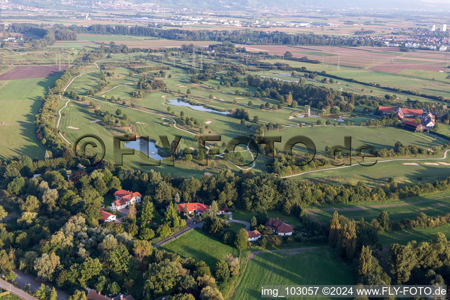 Golf course Heddesheim Gut Neuzenhof in Heddesheim in the state Baden-Wuerttemberg, Germany from above