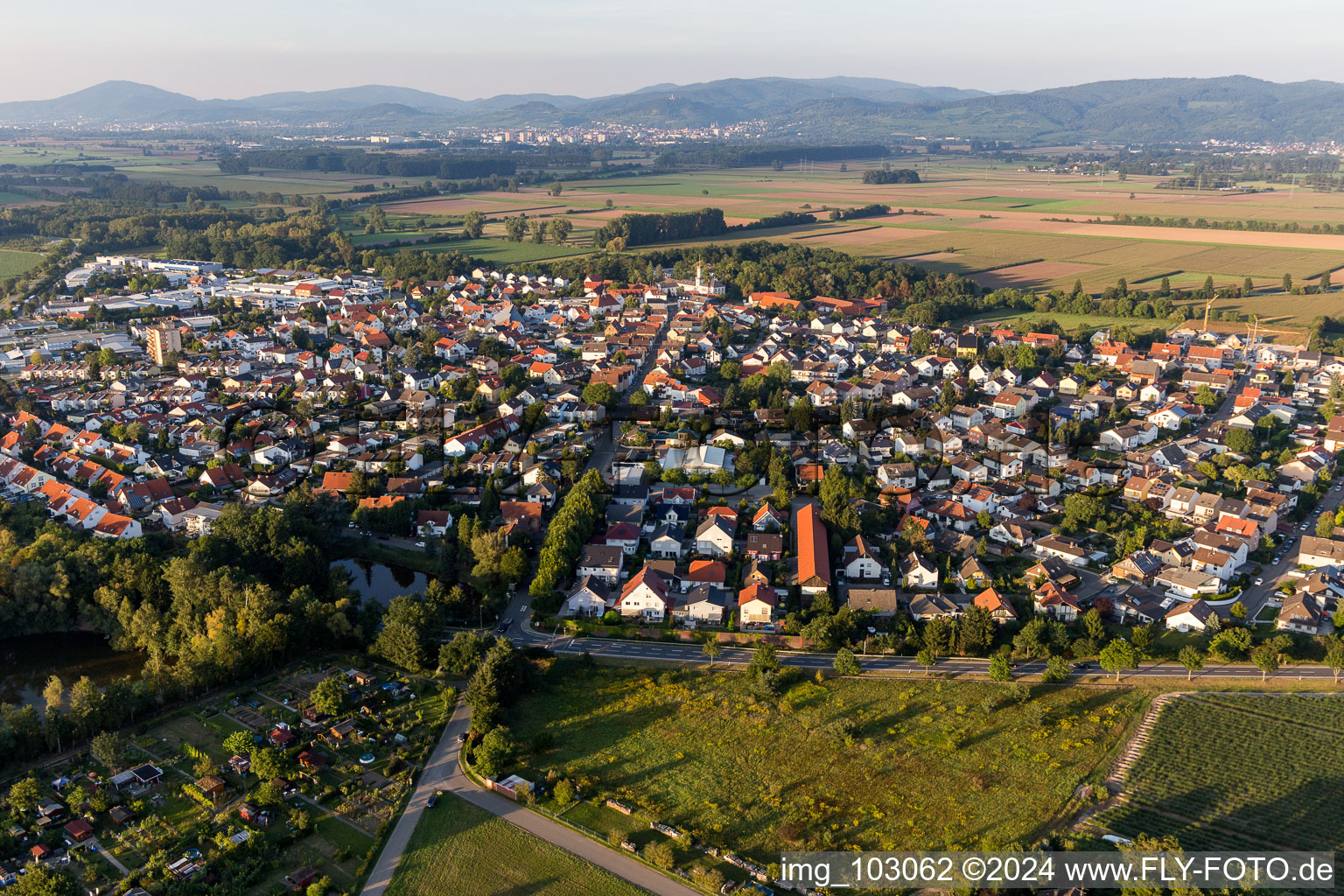 Aerial view of From the southwest in the district Hüttenfeld in Lampertheim in the state Hesse, Germany