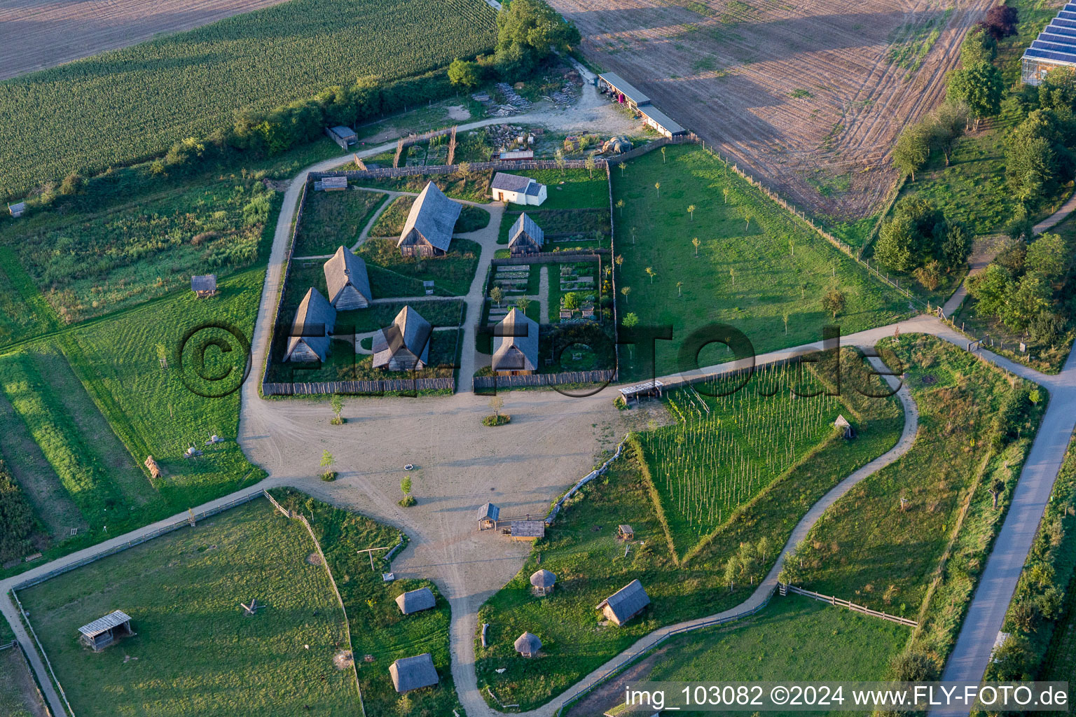 Aerial view of Museum building ensemble Freilichtlabor Lauresham in Lorsch in the state Hesse, Germany