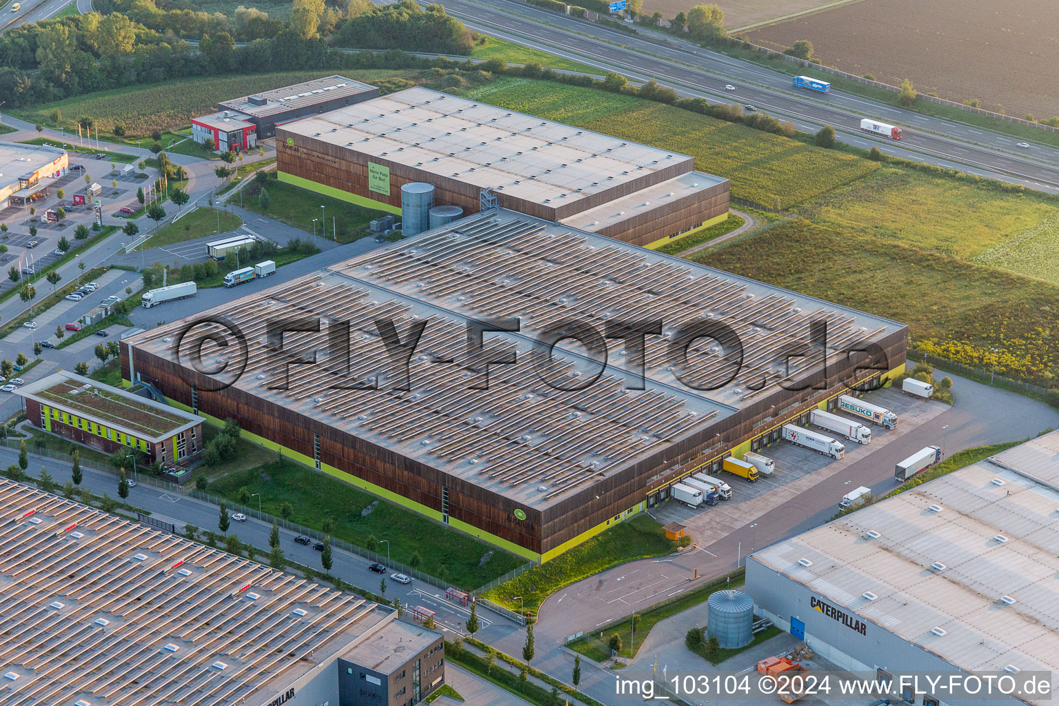 Aerial view of Building complex and grounds of the logistics center of Verteilzentrums von Alnatura in Lorsch in the state Hesse, Germany