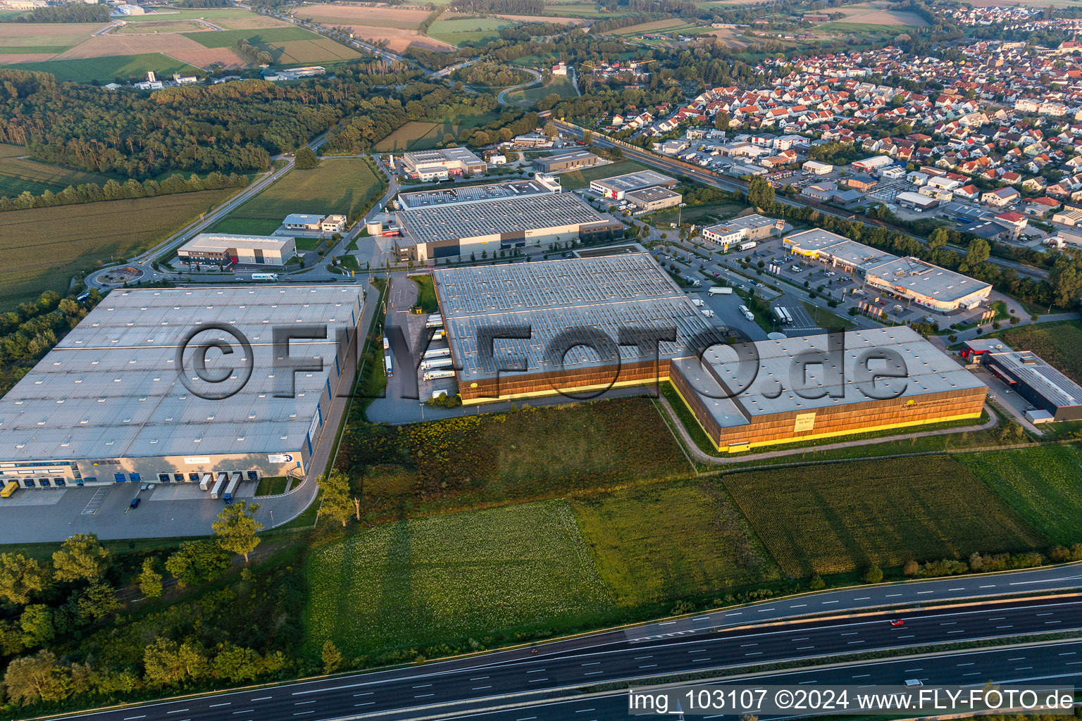 Aerial photograpy of Building complex and grounds of the logistics center of Verteilzentrums von Alnatura in Lorsch in the state Hesse, Germany