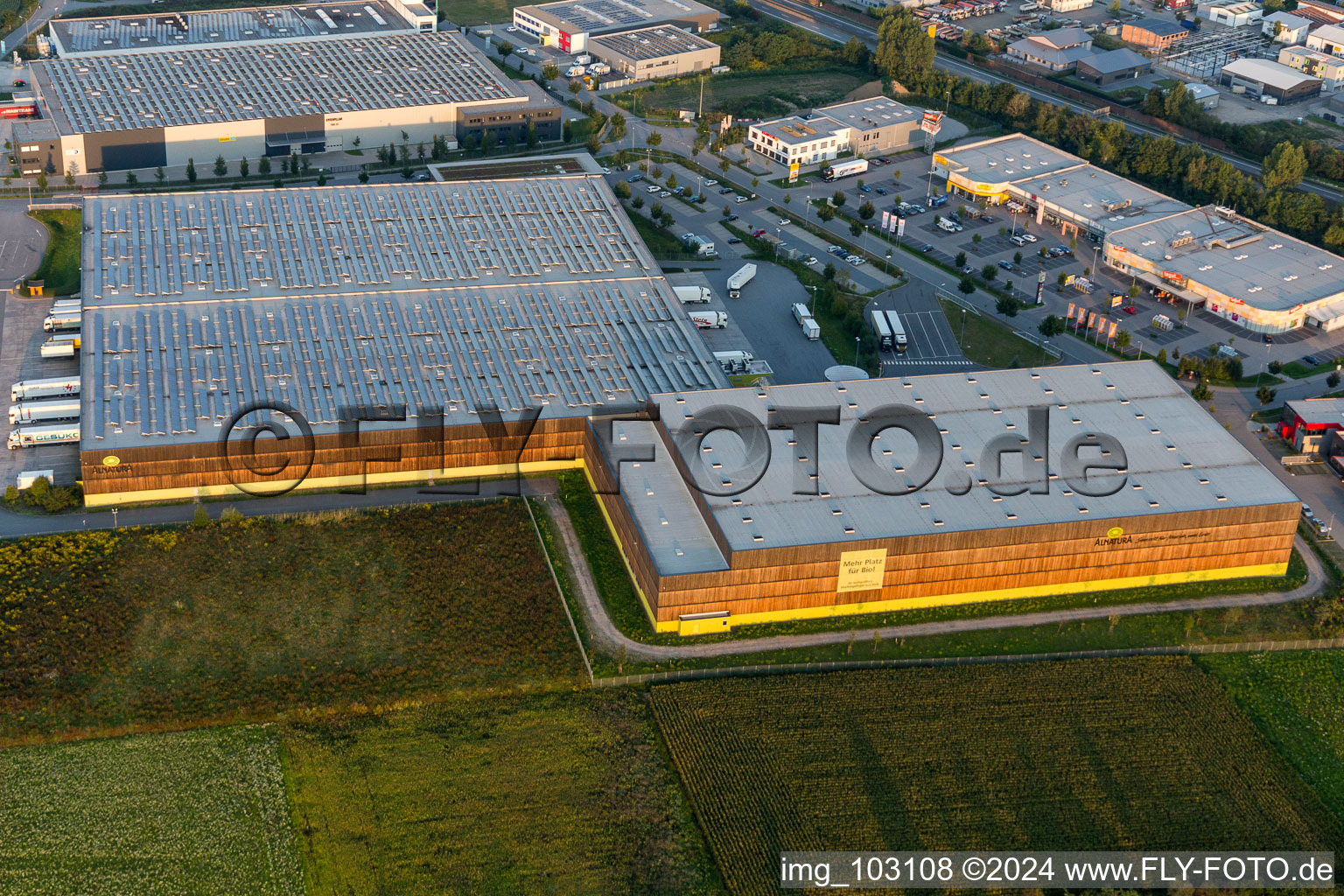 Oblique view of Industrial area north in Lorsch in the state Hesse, Germany