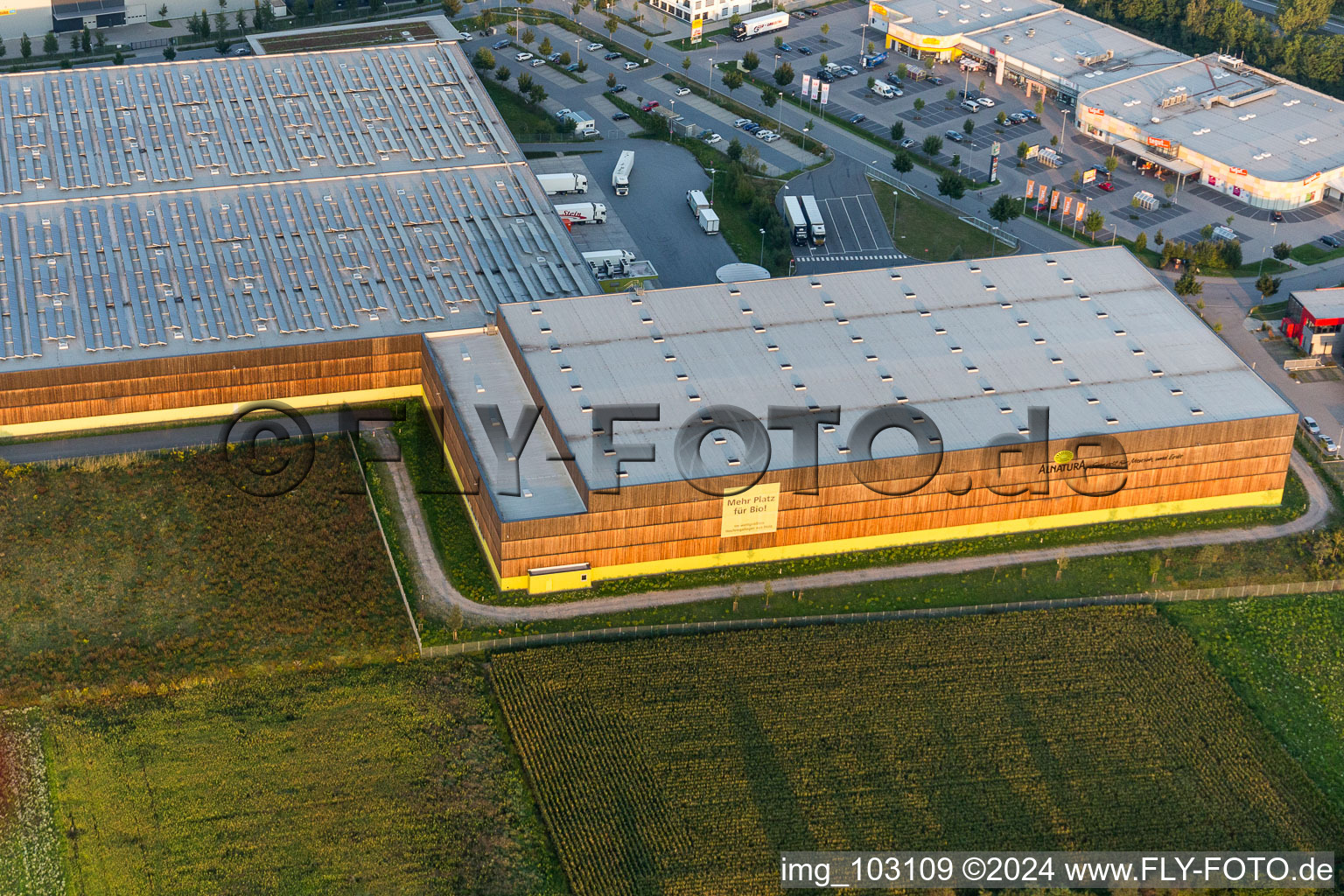 Industrial area north in Lorsch in the state Hesse, Germany from above