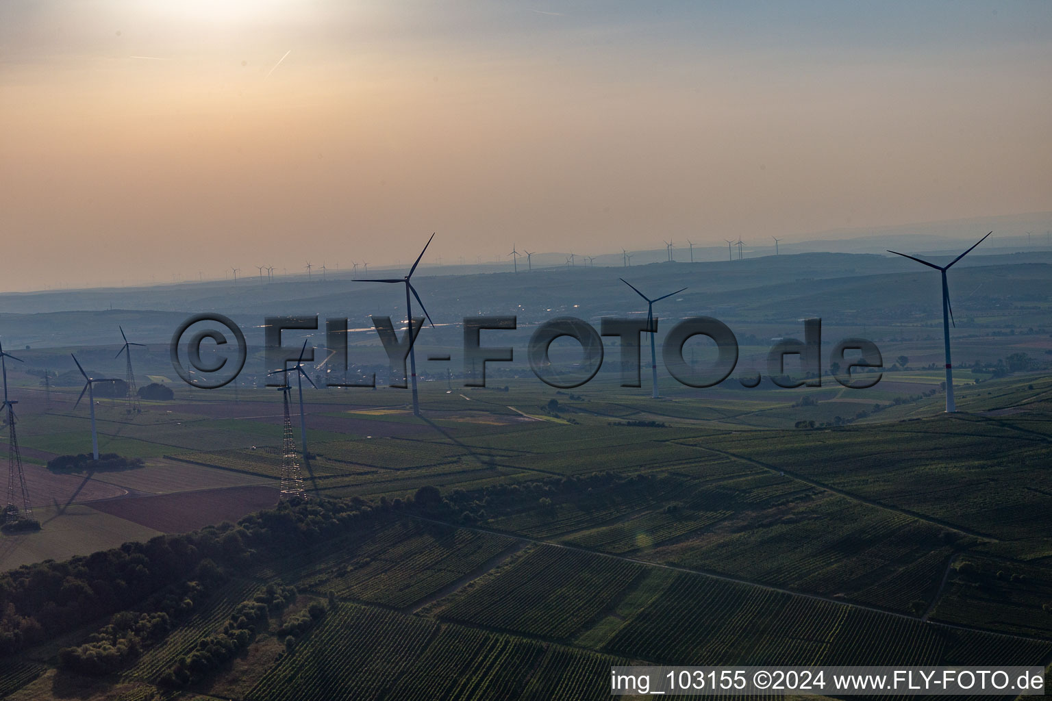 Aerial view of Wind farm in Gau-Heppenheim in the state Rhineland-Palatinate, Germany