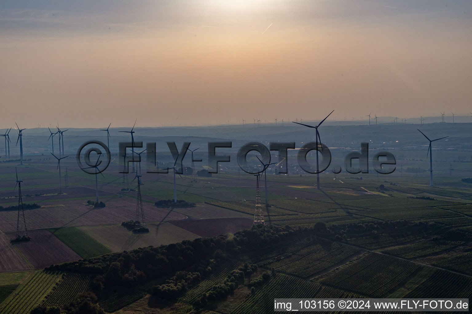 Aerial photograpy of Wind farm in Gau-Heppenheim in the state Rhineland-Palatinate, Germany