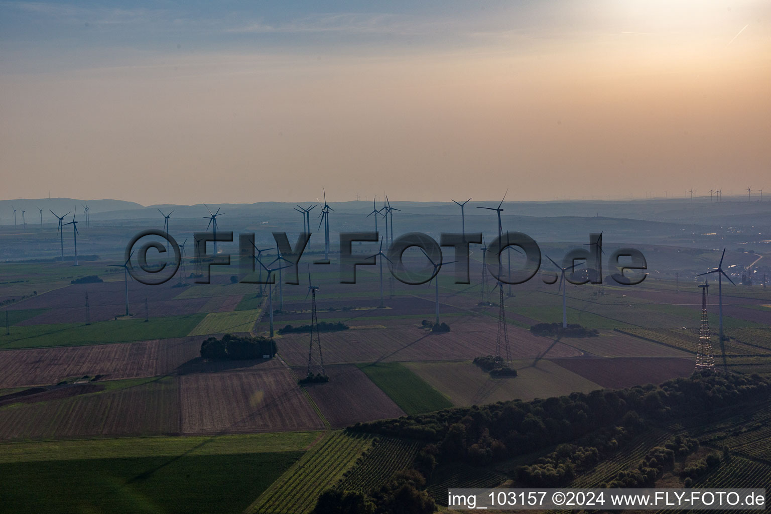 Oblique view of Wind farm in Gau-Heppenheim in the state Rhineland-Palatinate, Germany