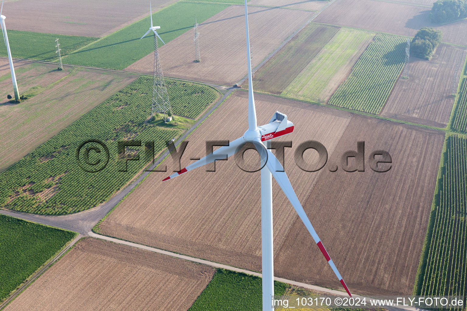 Aerial view of Wind turbines in Blödesheim in the state Rhineland-Palatinate, Germany