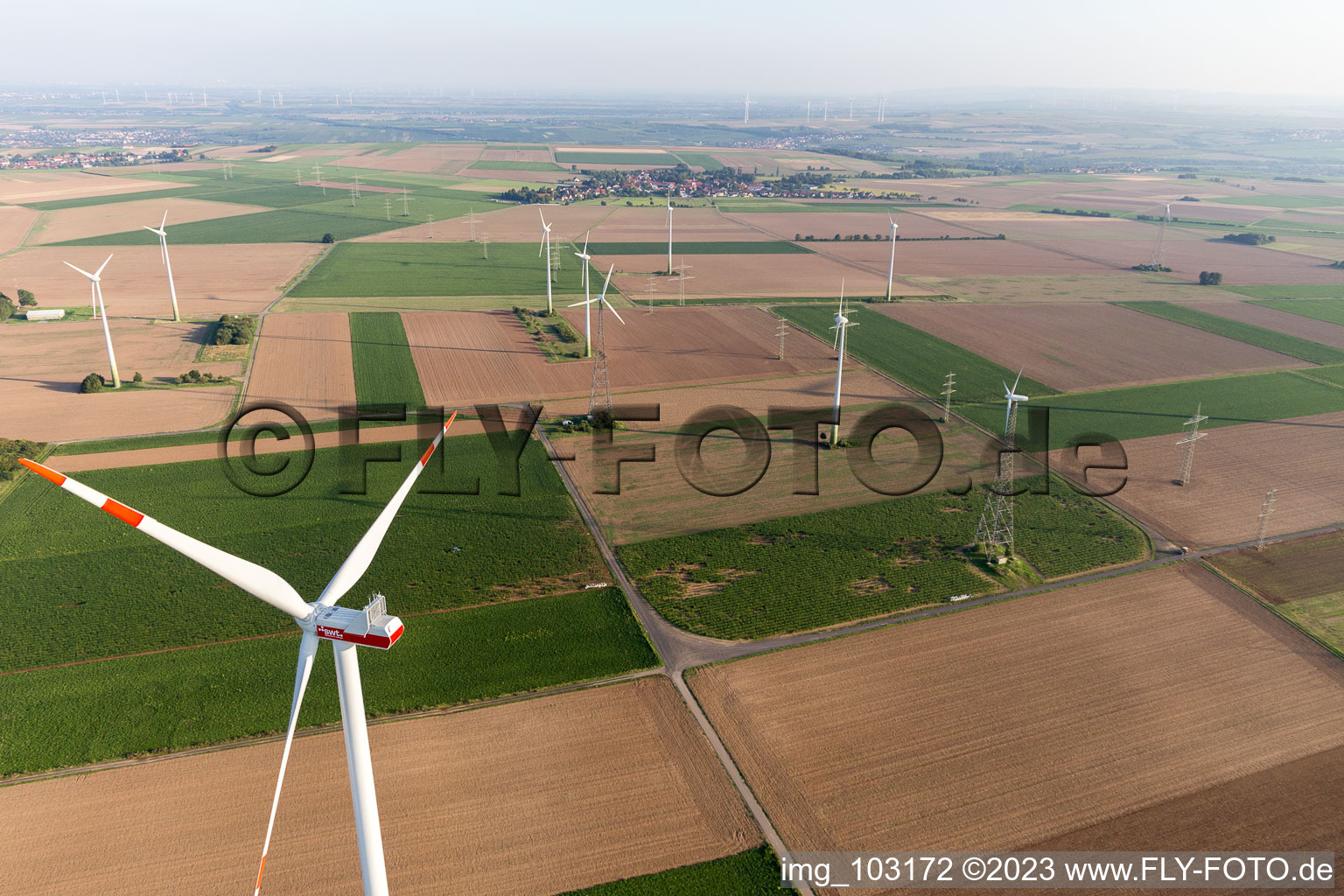 Oblique view of Wind turbines in Blödesheim in the state Rhineland-Palatinate, Germany