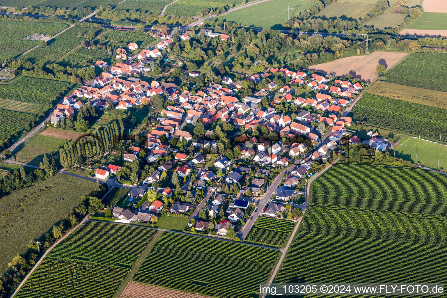 Village - view on the edge of agricultural fields and farmland in Knoeringen in the state Rhineland-Palatinate, Germany