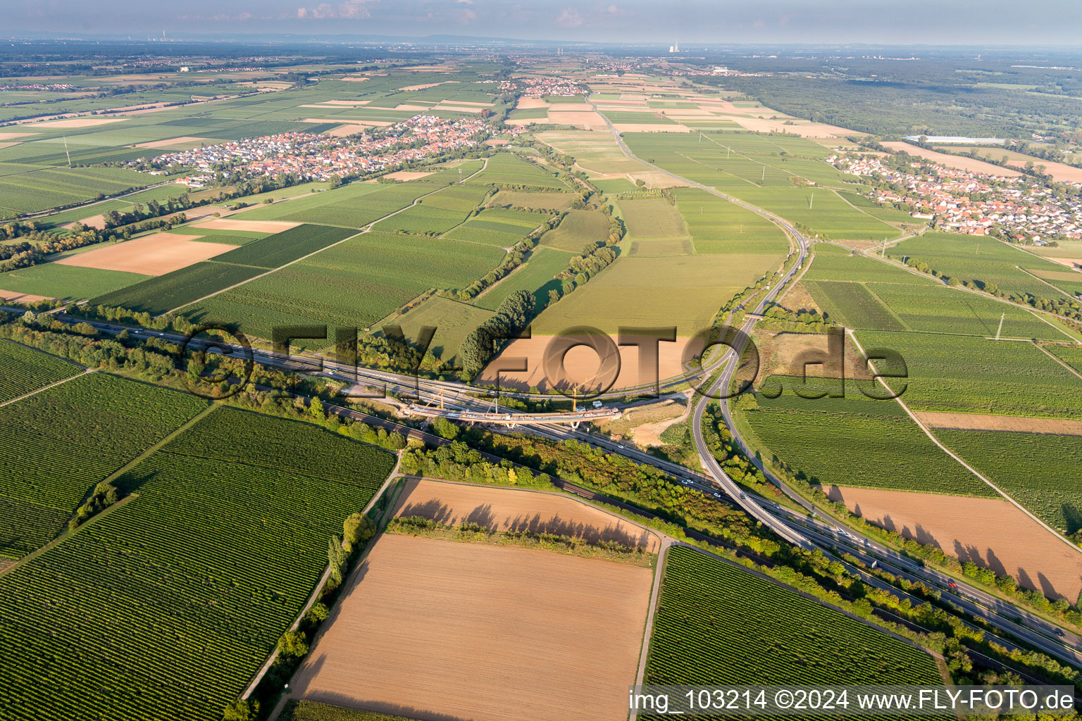 Aerial view of A65 exit Landau-Nord in the district Dammheim in Landau in der Pfalz in the state Rhineland-Palatinate, Germany