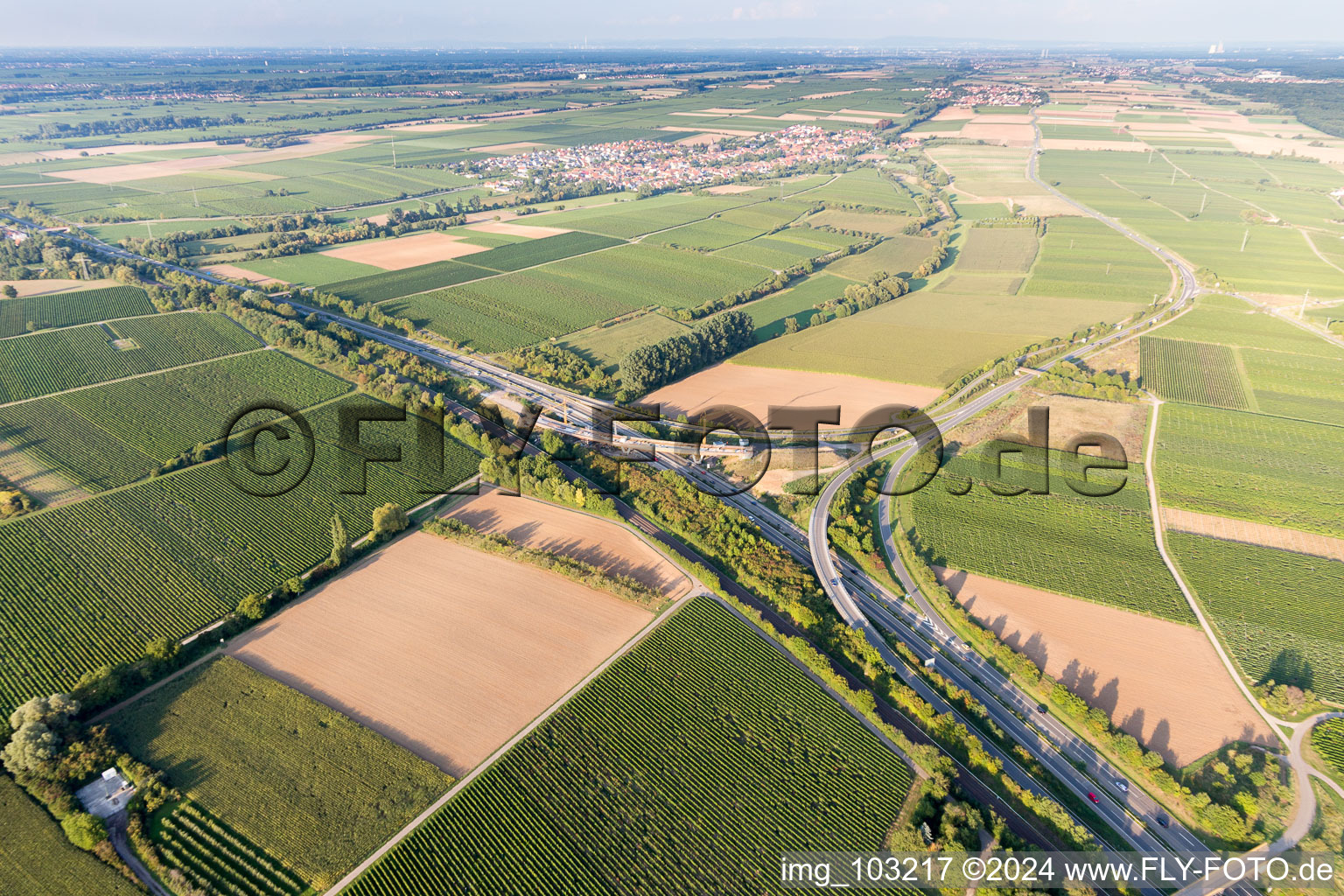 Aerial photograpy of A65 exit Landau-Nord in the district Dammheim in Landau in der Pfalz in the state Rhineland-Palatinate, Germany