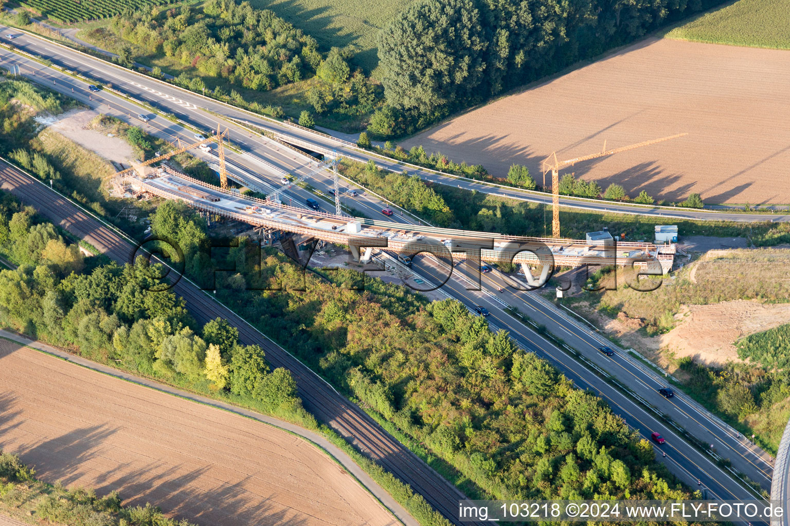Oblique view of A65 exit Landau-Nord in the district Dammheim in Landau in der Pfalz in the state Rhineland-Palatinate, Germany