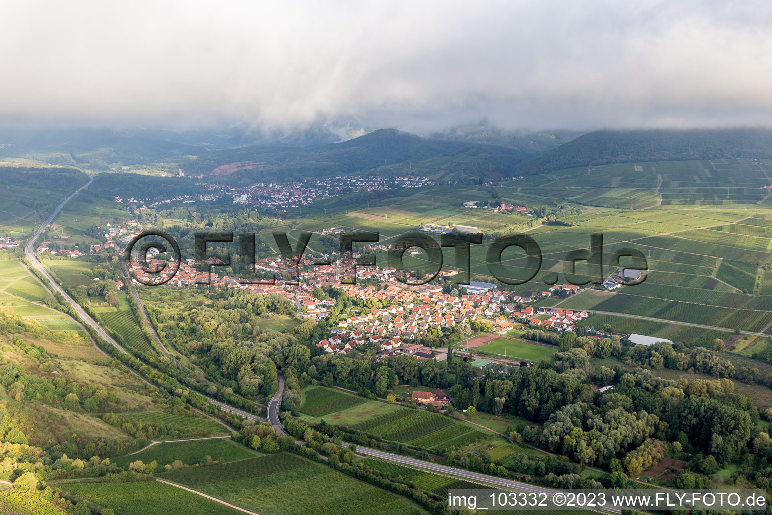 Aerial view of Siebeldingen in the state Rhineland-Palatinate, Germany
