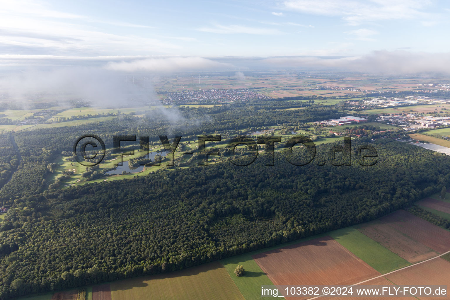 Golf course in Essingen in the state Rhineland-Palatinate, Germany from above