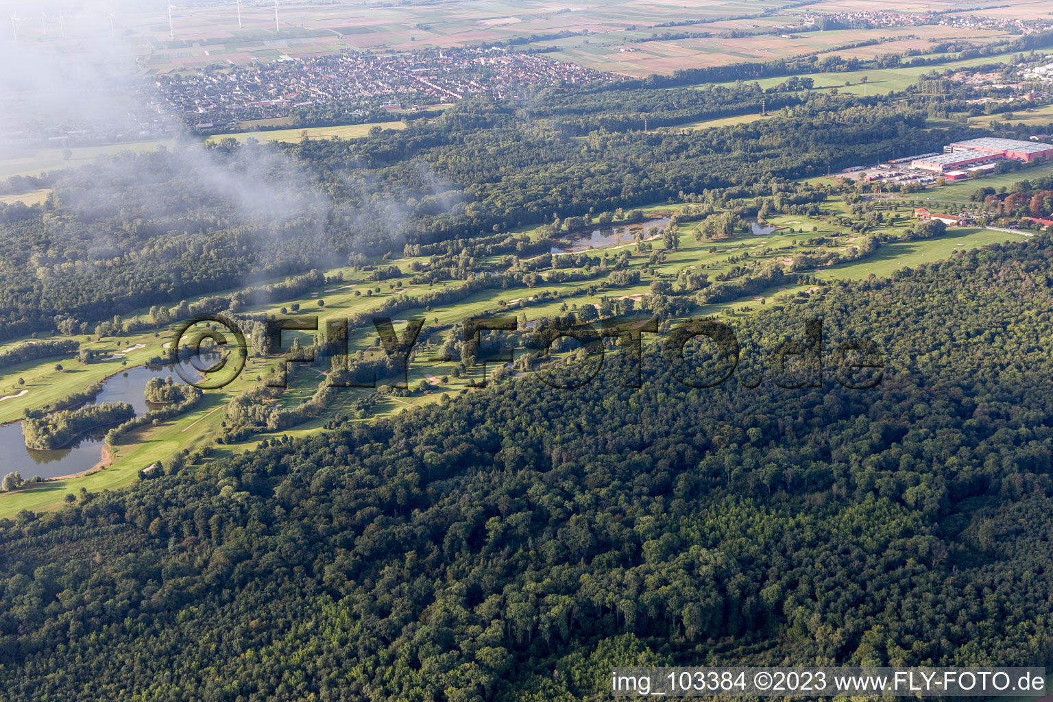 Golf course in Essingen in the state Rhineland-Palatinate, Germany seen from above