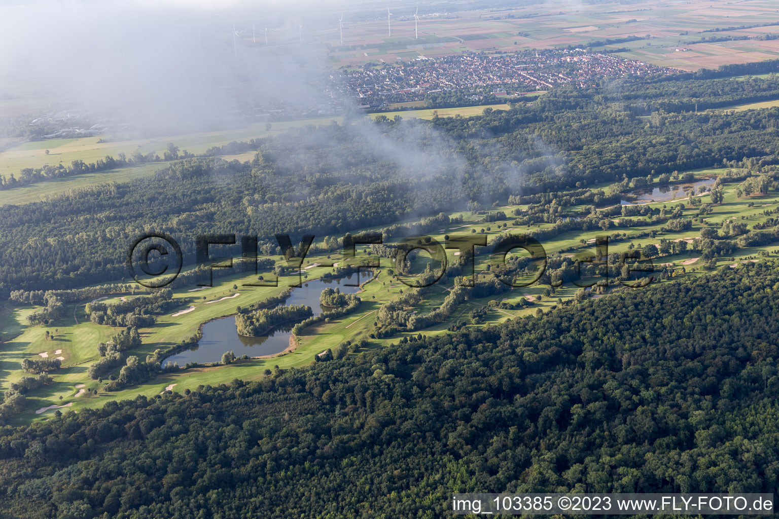 Golf course in Essingen in the state Rhineland-Palatinate, Germany from the plane