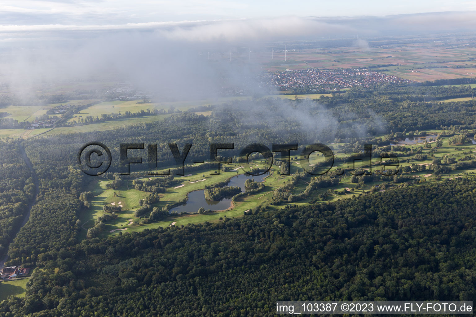 Golf course in Essingen in the state Rhineland-Palatinate, Germany viewn from the air